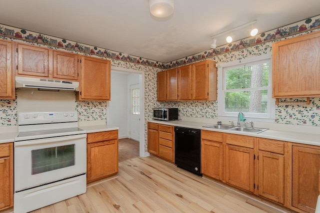 22 Loblolly Rd, Palmyra, VA 22963 - kitchen featuring dishwasher, under cabinet range hood, white electric range oven, stainless steel microwave, and light wood-type flooring