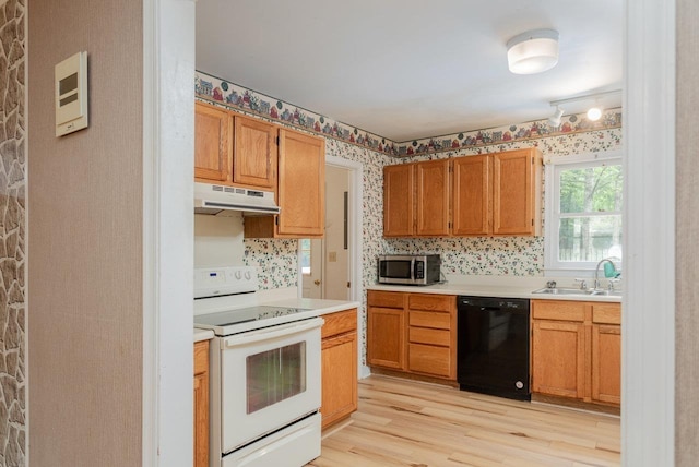 22 Loblolly Rd, Palmyra, VA 22963 - kitchen with white range with electric cooktop, black dishwasher, stainless steel microwave, under cabinet range hood, and light wood-style floors