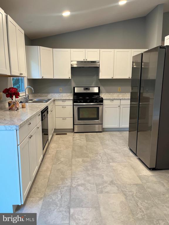 10214 Unique Trl, Rixeyville, VA 22737 - kitchen featuring stainless steel appliances, vaulted ceiling, under cabinet range hood, and white cabinets