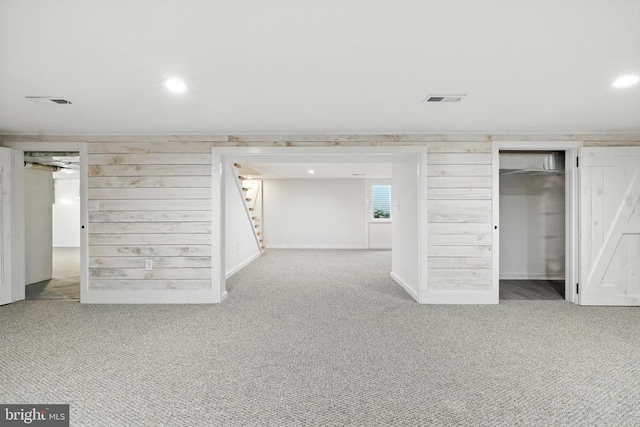 6 Charles St, Luray, VA 22835 - basement with carpet, wood walls, recessed lighting, and stairway