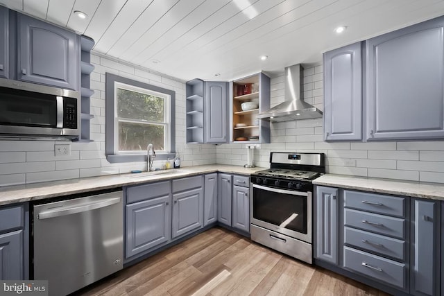  - kitchen featuring appliances with stainless steel finishes, wall chimney exhaust hood, open shelves, gray cabinetry, and light wood-style floors