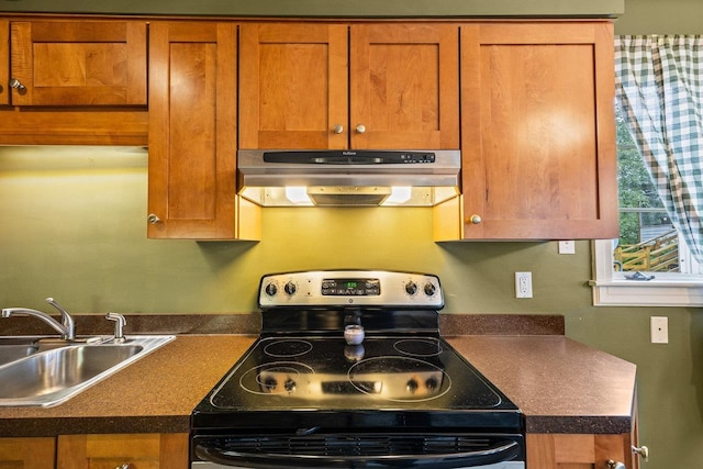 1435 Bluestone St, Harrisonburg, VA 22801 - kitchen featuring exhaust hood, stainless steel electric range, a sink, dark countertops, and brown cabinetry