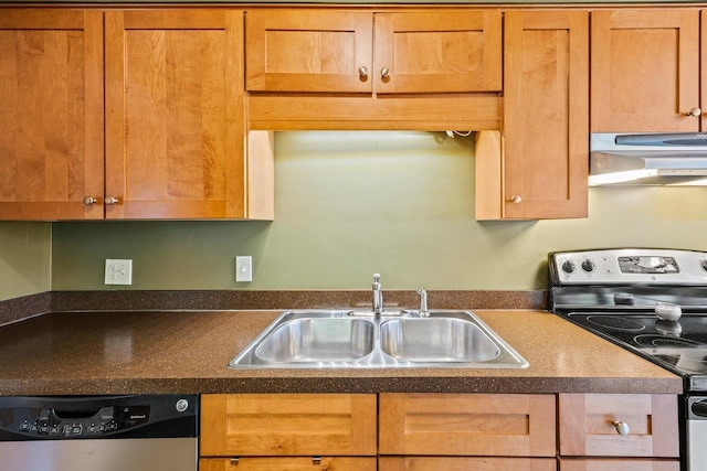 1435 Bluestone St, Harrisonburg, VA 22801 - kitchen featuring ventilation hood, appliances with stainless steel finishes, a sink, and dark countertops