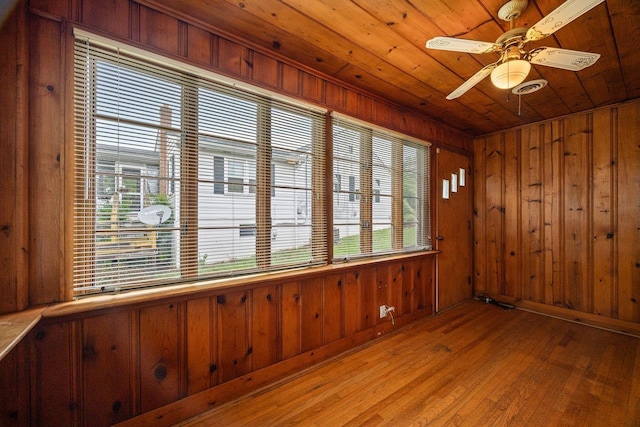 1435 Bluestone St, Harrisonburg, VA 22801 - spare room featuring wooden ceiling, wooden walls, light wood-style floors, and ceiling fan