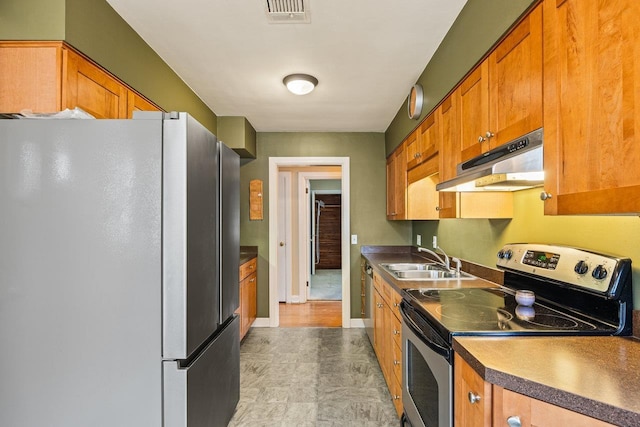 1435 Bluestone St, Harrisonburg, VA 22801 - kitchen featuring appliances with stainless steel finishes, under cabinet range hood, a sink, and brown cabinetry