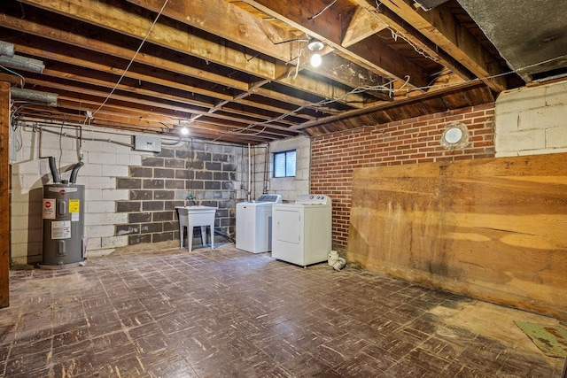 1435 Bluestone St, Harrisonburg, VA 22801 - below grade area featuring water heater, independent washer and dryer, tile patterned floors, and a sink