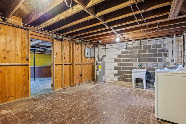 1435 Bluestone St, Harrisonburg, VA 22801 - unfinished below grade area with washing machine and clothes dryer, water heater, a sink, electric panel, and wooden walls