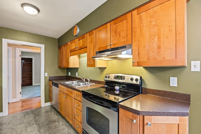 1435 Bluestone St, Harrisonburg, VA 22801 - kitchen featuring appliances with stainless steel finishes, under cabinet range hood, a sink, and dark countertops