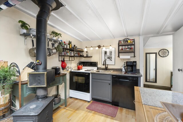 2665 Deerfield Valley Rd, Deerfield, VA 24432 - kitchen with a sink, open shelves, black dishwasher, light wood-type flooring, and range with electric stovetop