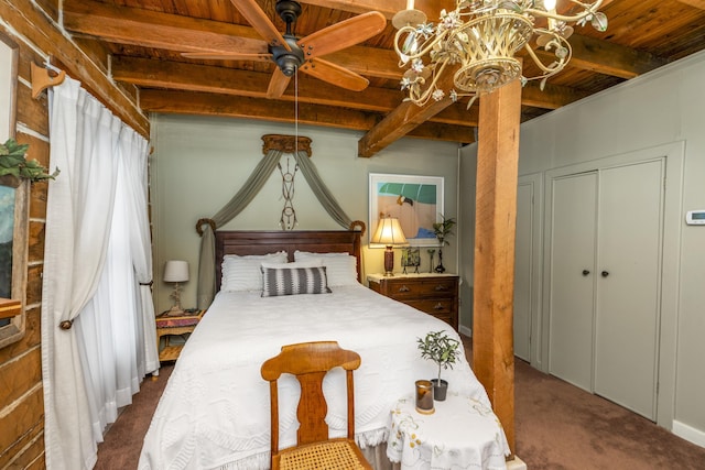 2665 Deerfield Valley Rd, Deerfield, VA 24432 - bedroom with an inviting chandelier, wood ceiling, carpet flooring, and beam ceiling