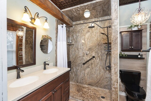 2665 Deerfield Valley Rd, Deerfield, VA 24432 - bathroom featuring an inviting chandelier, double vanity, a sink, and a shower with shower curtain