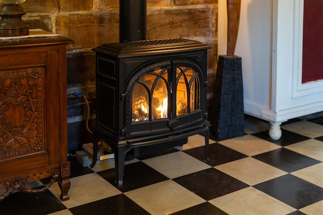 2665 Deerfield Valley Rd, Deerfield, VA 24432 - interior details featuring a wood stove and tile patterned floors
