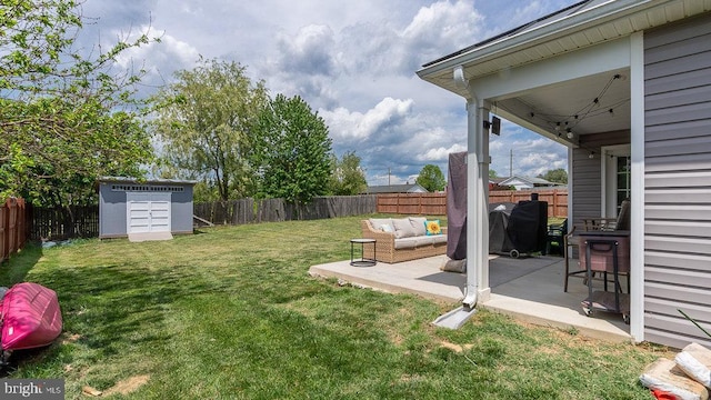 view of yard with an outdoor hangout area, a patio, and a fenced backyard