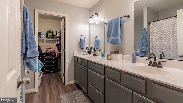 bathroom with a walk in closet, double vanity, a sink, and wood finished floors