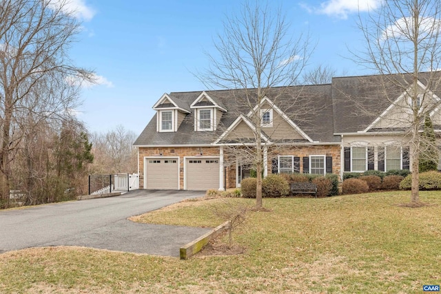 view of front of home with fence, aphalt driveway, an attached garage, a front yard, and roof with shingles