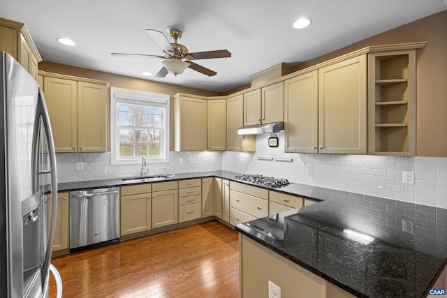 kitchen with a peninsula, a ceiling fan, a sink, stainless steel appliances, and under cabinet range hood