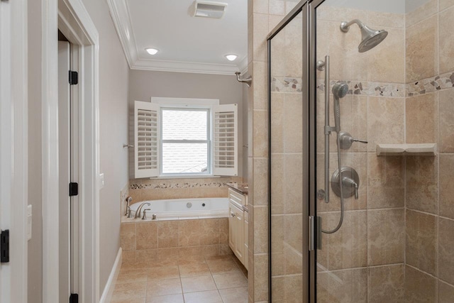 3277 Preston Shore Dr, Rockingham, VA 22801 - full bathroom with ornamental molding, a bath, a stall shower, and tile patterned floors