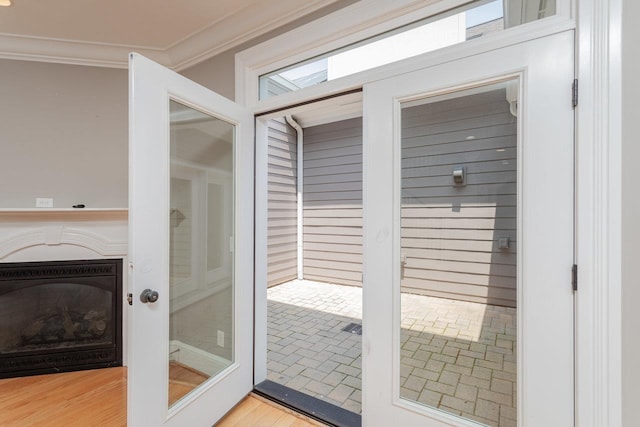 3277 Preston Shore Dr, Rockingham, VA 22801 - doorway to outside with ornamental molding and a fireplace