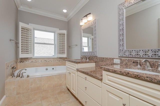 3277 Preston Shore Dr, Rockingham, VA 22801 - bathroom with double vanity, a garden tub, tile patterned flooring, crown molding, and recessed lighting