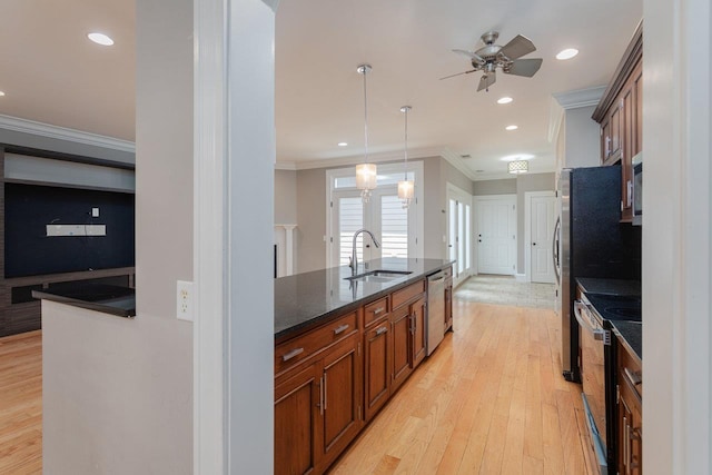 3277 Preston Shore Dr, Rockingham, VA 22801 - kitchen with electric stove, stainless steel dishwasher, ornamental molding, brown cabinetry, and light wood-style floors
