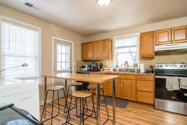 212 Shamrock Rd, Charlottesville, VA 22903 - kitchen featuring under cabinet range hood, light wood finished floors, visible vents, a sink, and stainless steel electric stove