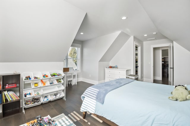 bedroom featuring recessed lighting, vaulted ceiling, dark wood finished floors, and baseboards