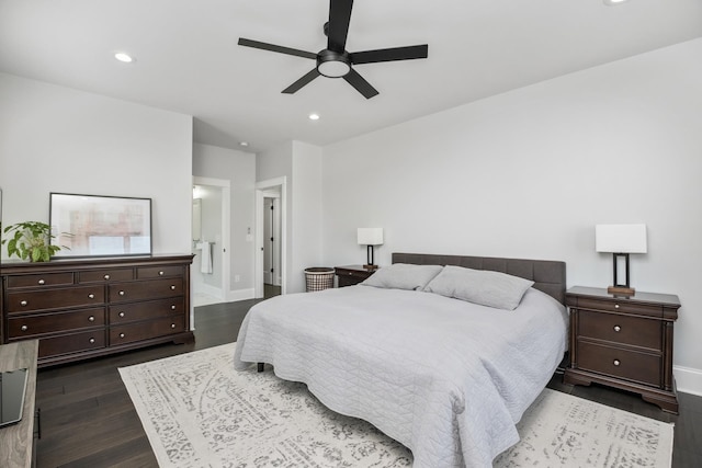 bedroom featuring dark wood-style floors, ceiling fan, baseboards, and recessed lighting