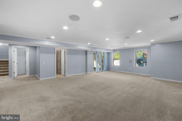 1708 Hudgins Farm Cir, Fredericksburg, VA 22408 - basement with light colored carpet, recessed lighting, stairs, and crown molding