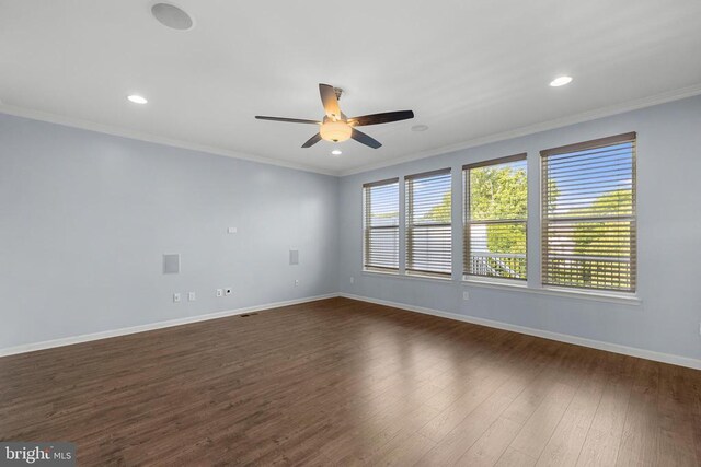 1708 Hudgins Farm Cir, Fredericksburg, VA 22408 - empty room with a ceiling fan, dark wood-style flooring, ornamental molding, and recessed lighting