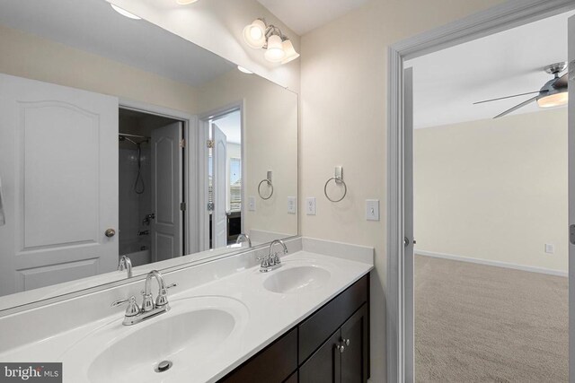 1708 Hudgins Farm Cir, Fredericksburg, VA 22408 - full bath featuring double vanity, ceiling fan, and shower / washtub combination