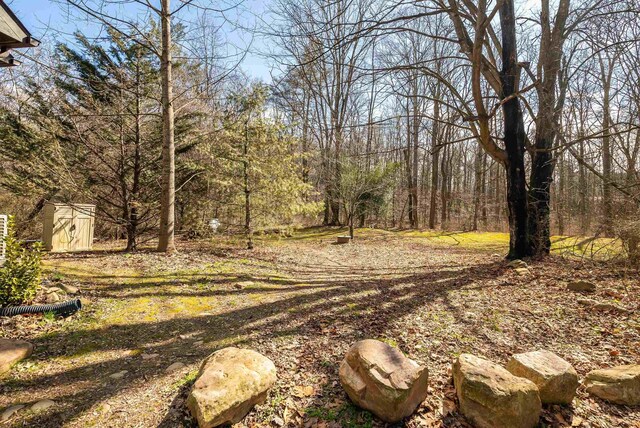 409 Lower Rawley Ln, Hinton, VA 22831 - view of yard featuring an outbuilding, a wooded view, and a storage shed
