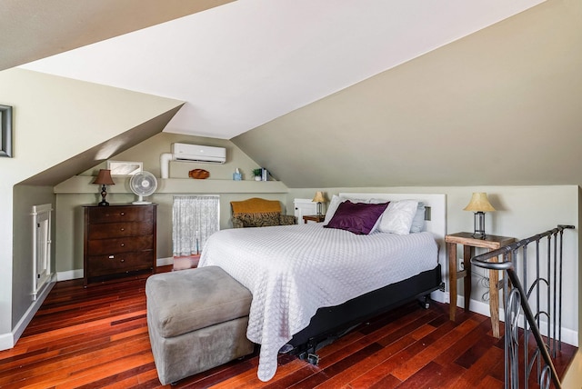 409 Lower Rawley Ln, Hinton, VA 22831 - bedroom with lofted ceiling, an AC wall unit, baseboards, and hardwood / wood-style floors