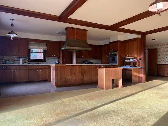 kitchen with wall oven, wallpapered walls, premium range hood, a kitchen island, and beam ceiling