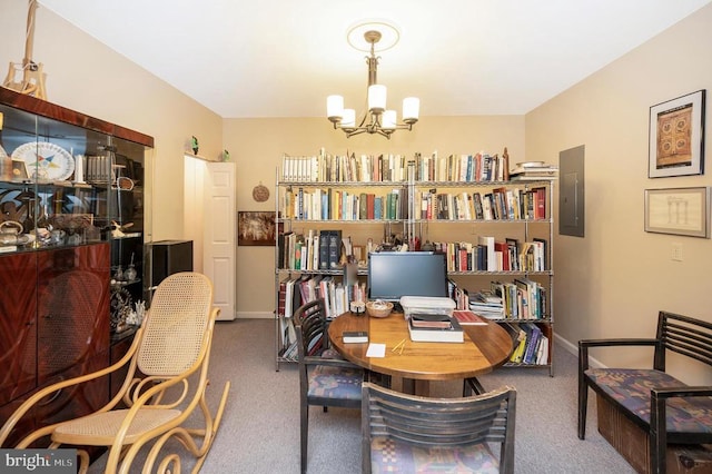 108 Harris Ct, Locust Grove, VA 22508 - office area featuring carpet, a chandelier, electric panel, and baseboards