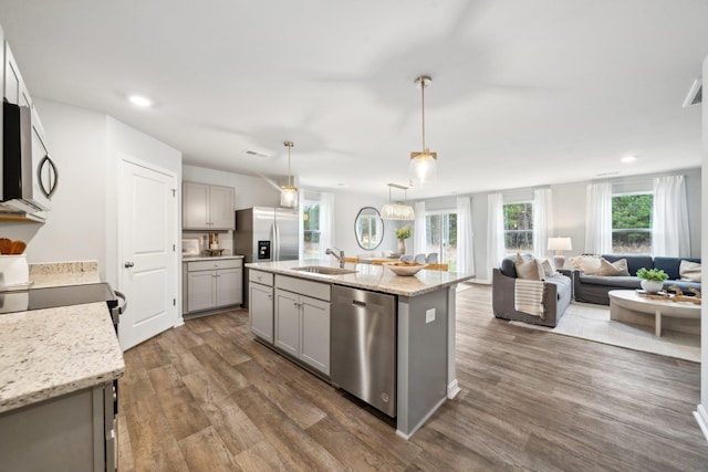 LOT38 Heather Ln, Staunton, VA 24401 - kitchen with gray cabinetry, appliances with stainless steel finishes, dark wood-type flooring, open floor plan, and recessed lighting
