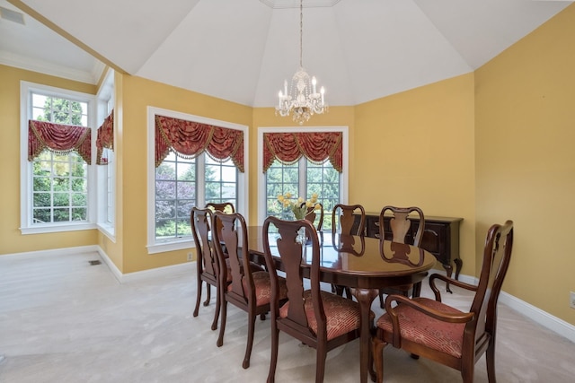 3417 Lake Pointe Dr, Rockingham, VA 22801 - dining space with a chandelier, lofted ceiling, light carpet, and plenty of natural light