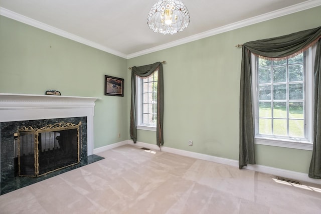 3417 Lake Pointe Dr, Rockingham, VA 22801 - unfurnished living room with carpet, a chandelier, crown molding, healthy amount of natural light, and a fireplace