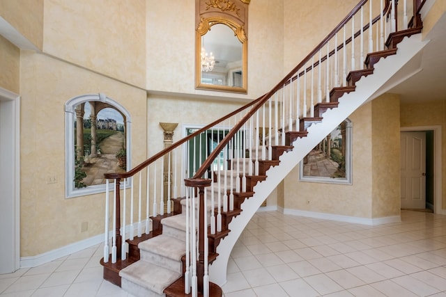 3417 Lake Pointe Dr, Rockingham, VA 22801 - stairway featuring tile patterned flooring and a towering ceiling