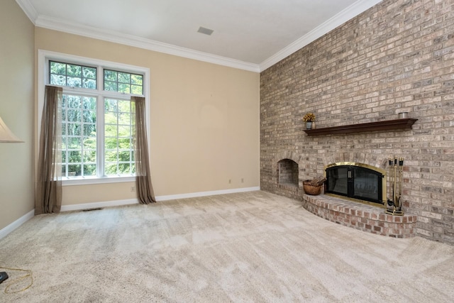 3417 Lake Pointe Dr, Rockingham, VA 22801 - unfurnished living room with a fireplace, ornamental molding, carpet floors, and healthy amount of natural light