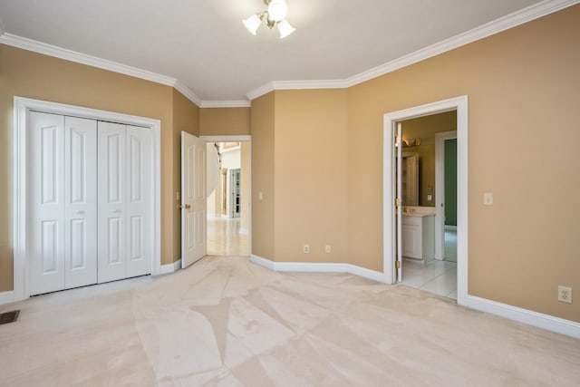 3417 Lake Pointe Dr, Rockingham, VA 22801 - unfurnished bedroom with ornamental molding, light carpet, ensuite bathroom, and a closet