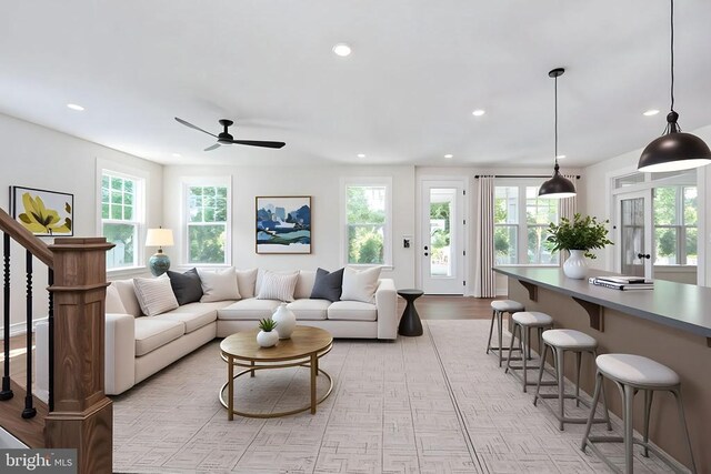 11207 Redlands Trl, Spotsylvania, VA 22551 - living room featuring recessed lighting, ceiling fan, and healthy amount of natural light