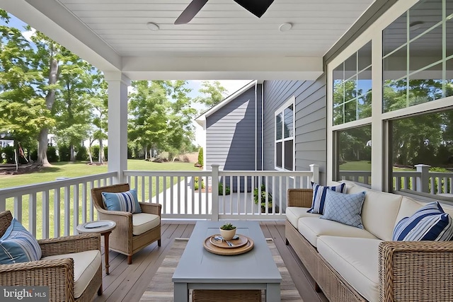 11207 Redlands Trl, Spotsylvania, VA 22551 - wooden deck featuring outdoor lounge area, ceiling fan, and a yard
