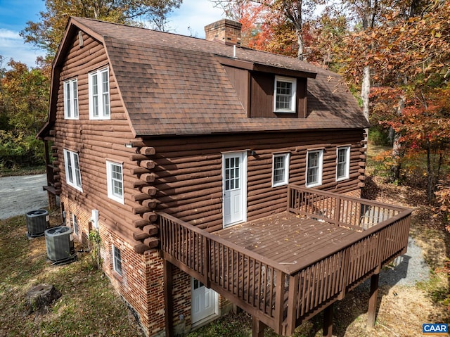 2395 Mountain Brook Dr, Charlottesville, VA 22902 - rear view of property with central AC, a wooden deck, a shingled roof, and log exterior