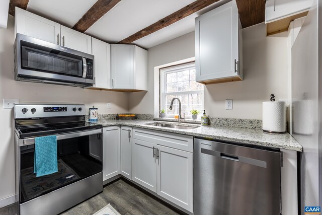 2395 Mountain Brook Dr, Charlottesville, VA 22902 - kitchen featuring a sink, stainless steel appliances, beam ceiling, light stone counters, and dark wood finished floors