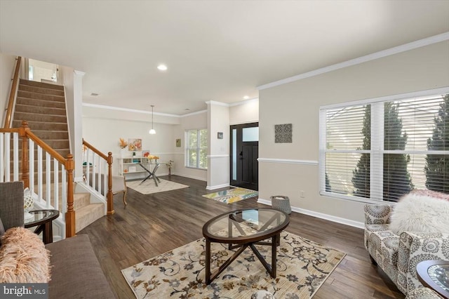 205 Saylers Crk, Locust Grove, VA 22508 - living area featuring crown molding, stairway, baseboards, wood finished floors, and recessed lighting