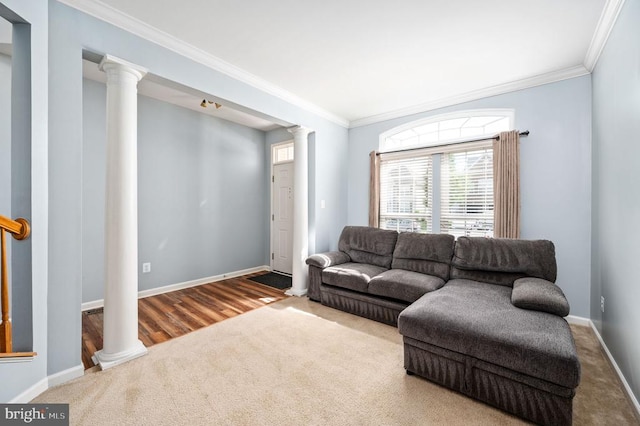 5606 Joshua Tree Cir, Fredericksburg, VA 22407 - carpeted living room with ornate columns, crown molding, and baseboards