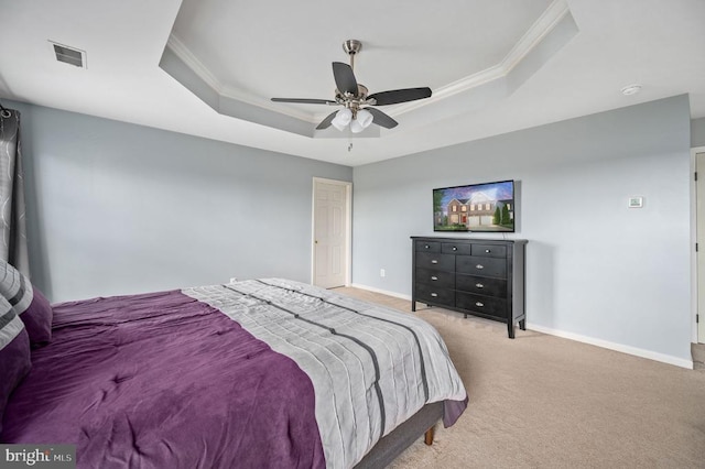 5606 Joshua Tree Cir, Fredericksburg, VA 22407 - bedroom with crown molding, carpet, a raised ceiling, baseboards, and ceiling fan