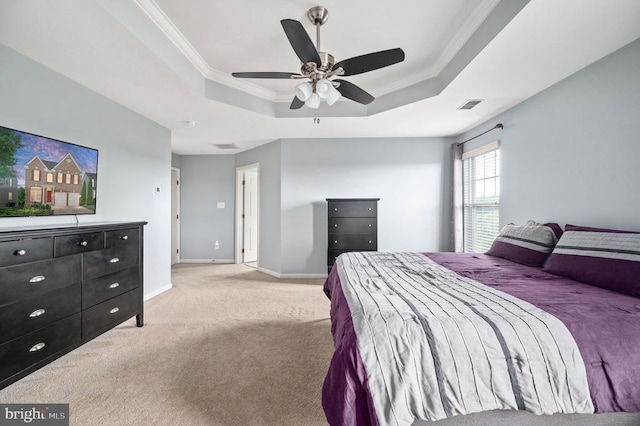 5606 Joshua Tree Cir, Fredericksburg, VA 22407 - bedroom with ornamental molding, light carpet, a tray ceiling, baseboards, and a ceiling fan