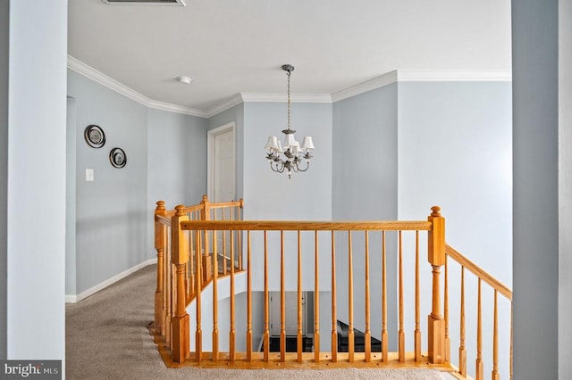 5606 Joshua Tree Cir, Fredericksburg, VA 22407 - hall with an upstairs landing, a chandelier, crown molding, carpet, and baseboards