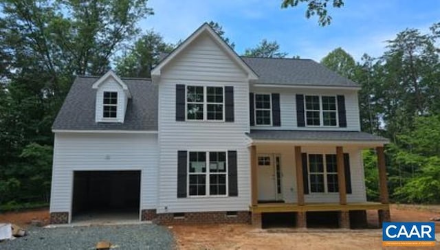 1193 Shenandoah Crossing Dr, Gordonsville, VA 22942 - view of front of house featuring covered porch, a garage, crawl space, and a shingled roof
